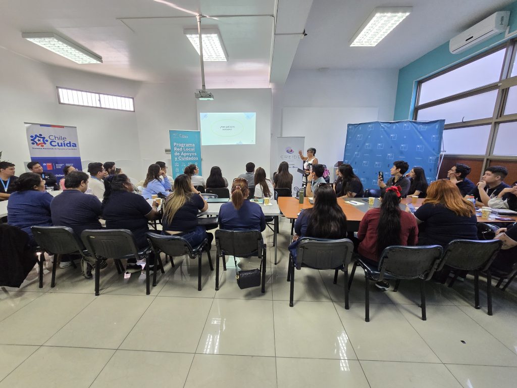 Asistentes siguen una exposición de CREIDE en una instancia de trabajo con la mesa regional de cuidados